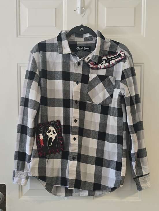 Ghost Face Other - Ghost Face Fun World Plaid Flannel Button Up Shirt Scream Horror Patch Men S